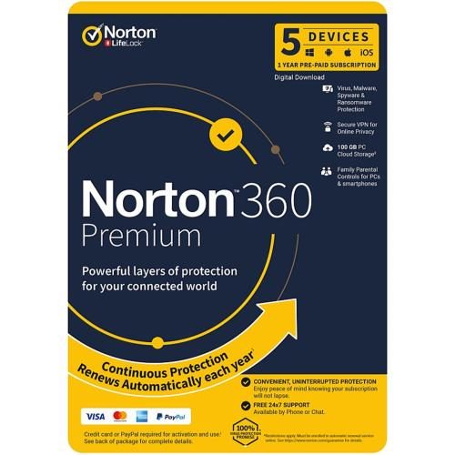 NortonLifeLock Norton 360 Premium 1 User 5 Devices 12 month 100GB PC Cloud Carousel 1