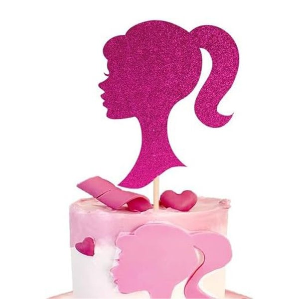 Glitter Hot Pink Girl Cake Topper Set-Glitter Doll Head Cake Toppers Carousel 1