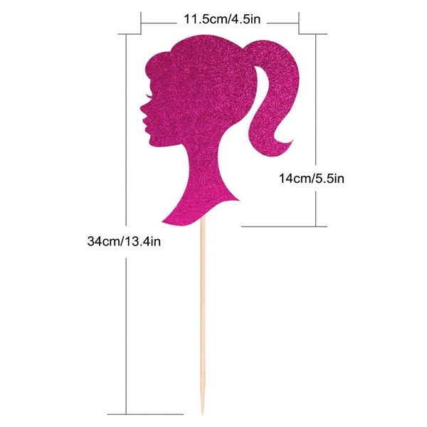 Glitter Hot Pink Girl Cake Topper Set-Glitter Doll Head Cake Toppers Carousel 2