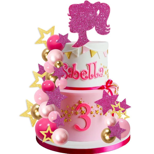 36Pcs Hot Pink Girl Cake Toppers Cake Decorations with Pink Gold Carousel 1