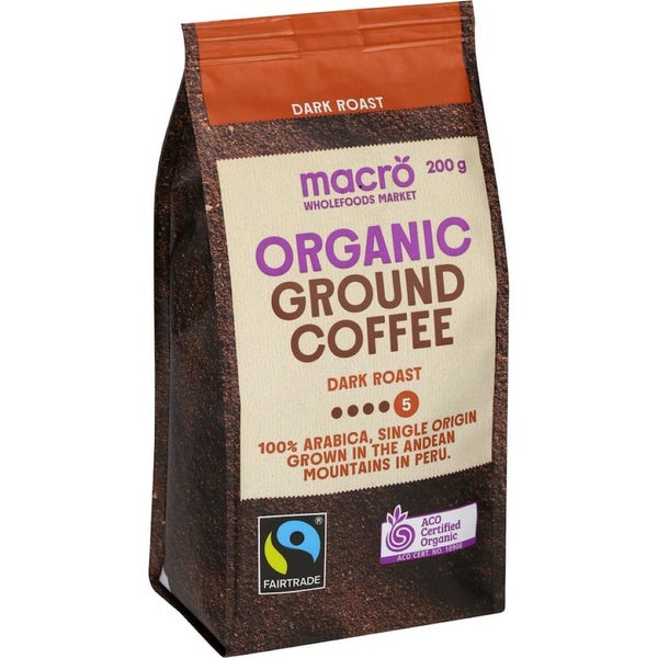 Macro Organic Fair Trade Ground Coffee Dark Roast 200g Carousel 1