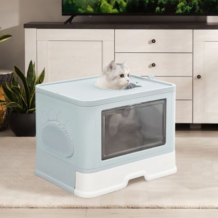 Foldable Cat Litter Box Tray Enclosed Kitty Toilet Hood Hair Grooming Blue Carousel 1