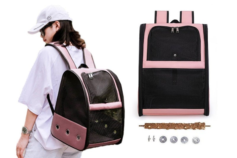Birds Carrier Backpack Breathable Travel Bags Cage With Standing Perch-Pink Carousel 1