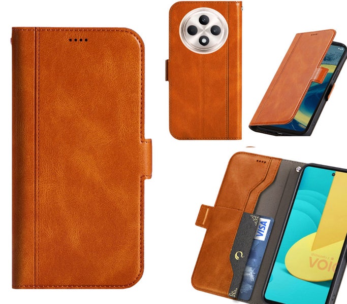 Oppo Reno 12 F 5g wallet case cowhide finish side magnet buckle tan Carousel 1