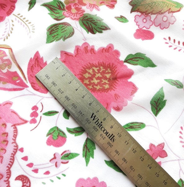 WHITE WITH PICK FLOWERS CHIFFON FABRIC Carousel 1