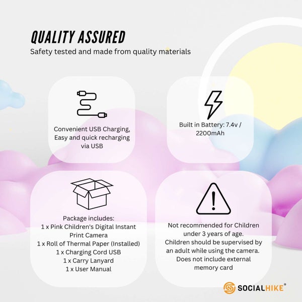 Kids Rechargeable Instant Print Camera Pink - Digital Thermal Photo Video MP3 Carousel 11