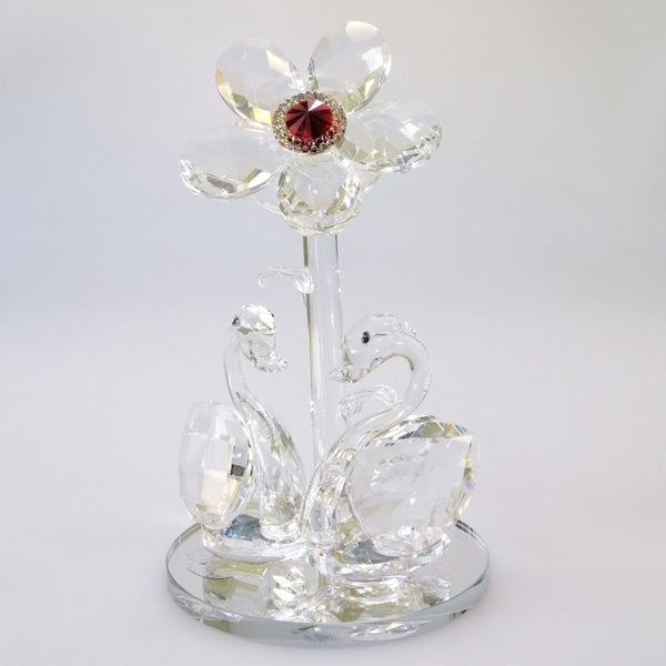 Cut Glass Flower with Swans on Mirror Base63002787982211118