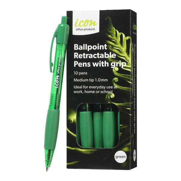 Icon Ballpoint Retractable Pen with Grip Medium Tip Green Pens x 10's pack Carousel 2