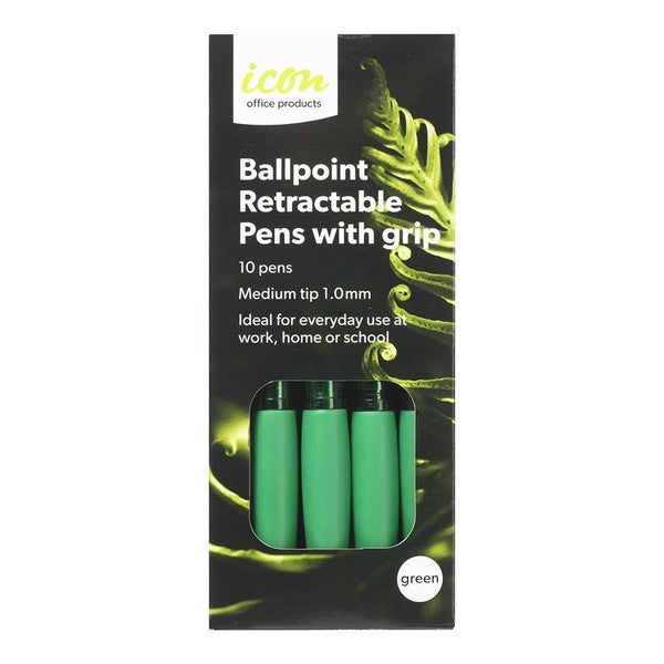 Icon Ballpoint Retractable Pen with Grip Medium Tip Green Pens x 10's pack Carousel 3
