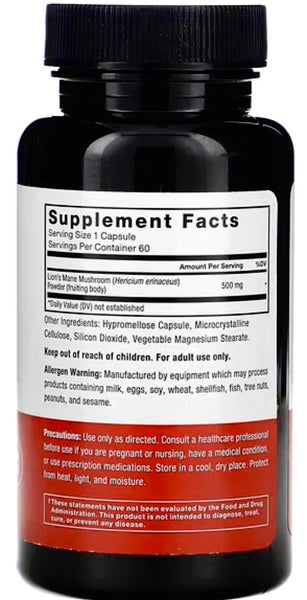 LION'S MANE 500 MG 60 VCAPS - NERVE & COGNITIVE SUPPORT - BB0327 Carousel 2