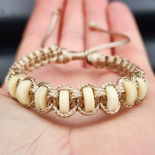 Bone Carving Cylinder Bead Macrame Bracelet - Tan Carousel 1