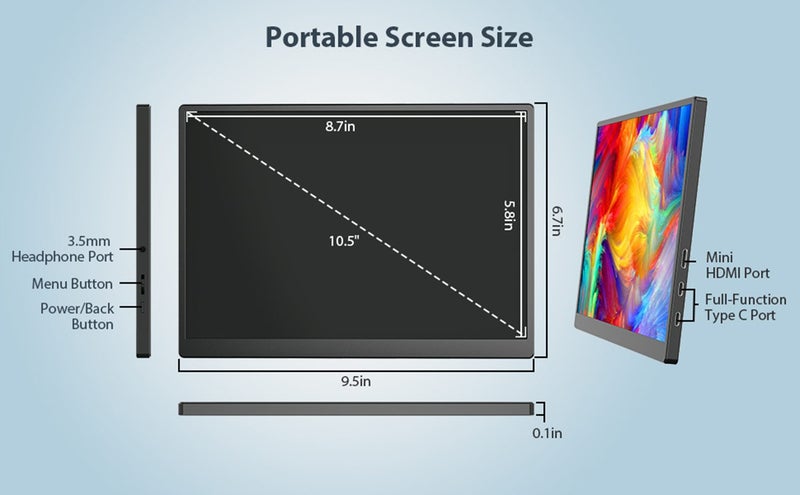 10.5”Portable Monitor USB C HDMI FHD 1920x1280 Extender Laptop Gaming Display Carousel 9