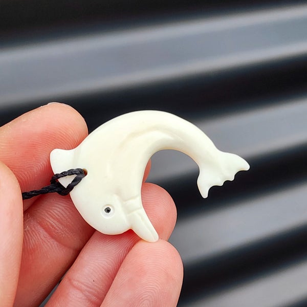 Natural Hand Carved Maori Bone Carving Pendant Necklace - Dolphin Carousel 2