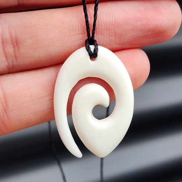 Natural Hand Carved Maori Bone Carving Pendant Necklace - Koru Spiral Carousel 1