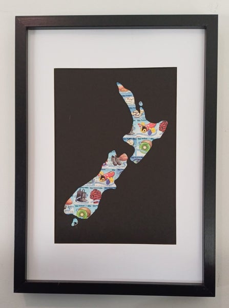 Stamp Art. Map of NZ. Using KIWIANA stamps. Size A4. Genuine postage stamps. Carousel 1