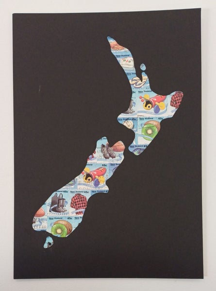 Stamp Art. Map of NZ. Using KIWIANA stamps. Size A4. Genuine postage stamps. Carousel 2