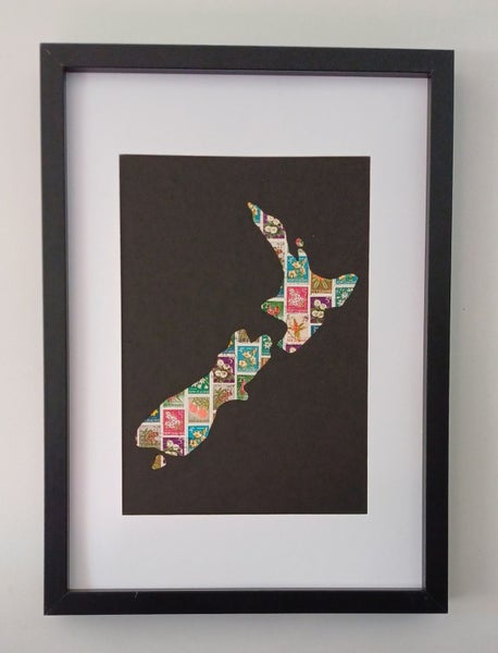Stamp Art. Map NZ Using 1960's Pictorials Size A4. Genuine postage stamps. Carousel 1