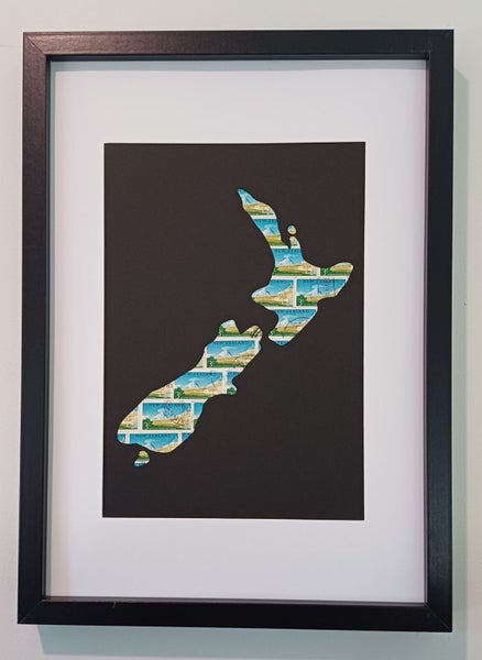 Stamp Art. Tongariro Map NZ Using 1960 3/- stamps. Genuine postage stamps. Carousel 1