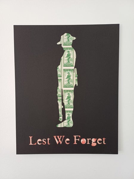 Stamp Art ANZAC Soldier Lest We Forget 1936 Size 8''x10'' Genuine postage stamps Carousel 2