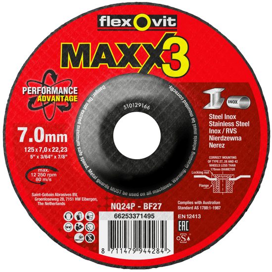 Flexovit MAXX3 Depressed Centre Grinding Wheels-125 x 7 x 22.23 mm (Each) Carousel 1
