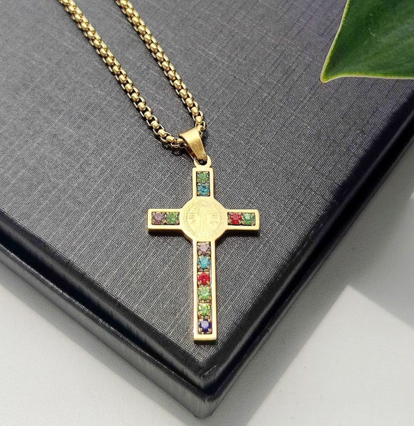 (18K Gold Filled) Saint Benedict Crystal Pendant Necklace NSS13ZX-8 Carousel 1