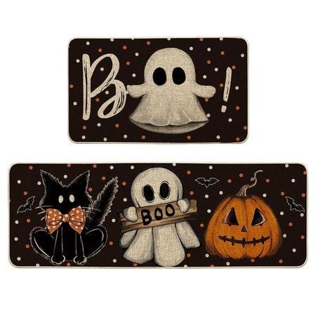 Ghost Pumpkin Cat Boo Orange Halloween Kitchen Mats Set of 2,Black Home Decor Lo Carousel 1