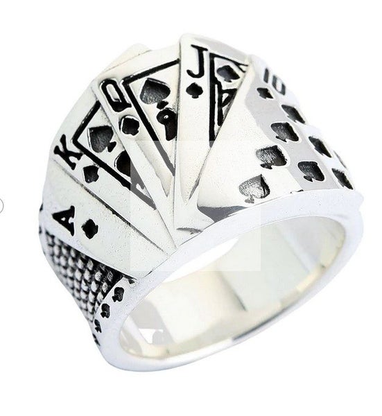 Lucky Number Royal Flush Solid Sterling Silver 925 Card Ring Carousel 1