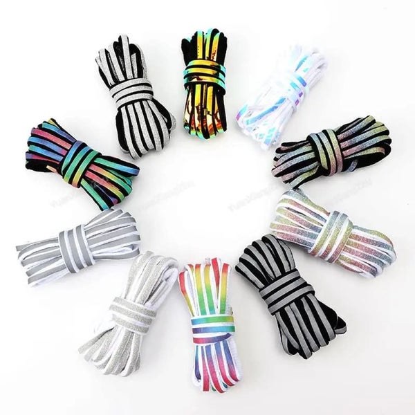 1Pair Reflective Rainbow White Black Elastic Sneakers Round Shoe Laces 100/12... Carousel 2