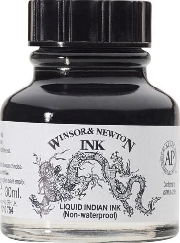 Winsor & Newton Drawing Ink 30ml - Liquid Indian Ink Black (Non-Waterproof) Carousel 1