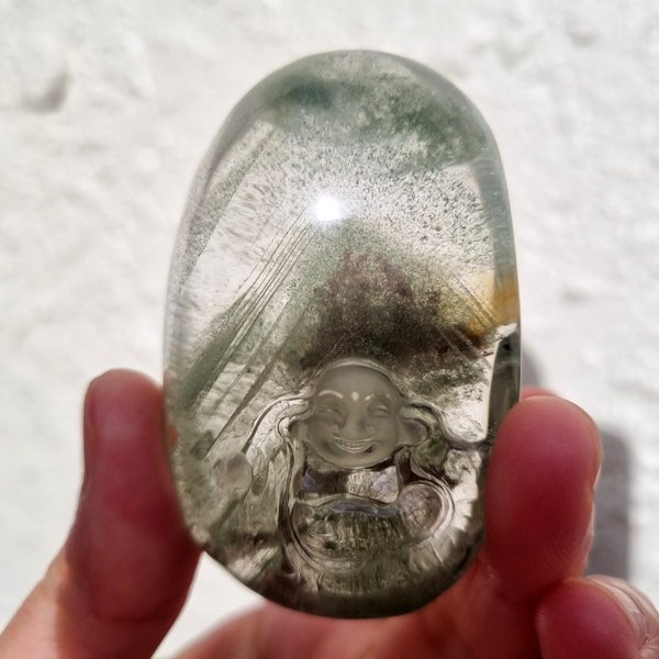 Vintage quartz crystal hand carved green pyramid inclusion Buddha healing stone Carousel 1