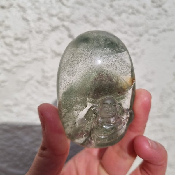 Vintage quartz crystal hand carved green pyramid inclusion Buddha healing stone Carousel 8