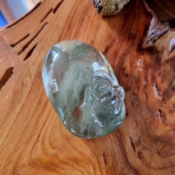 Vintage quartz crystal hand carved green pyramid inclusion Buddha healing stone Carousel 2
