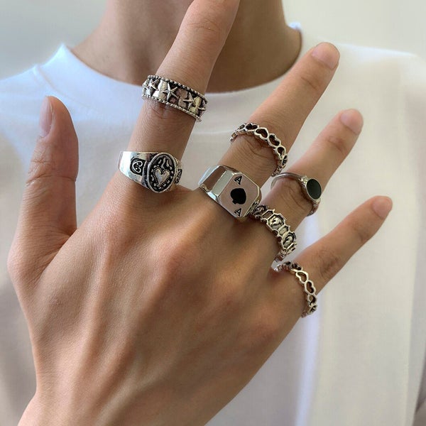 7Pcs/Set Goth Carved Heart Poker Antique Silver Color Rings for Men Carousel 1