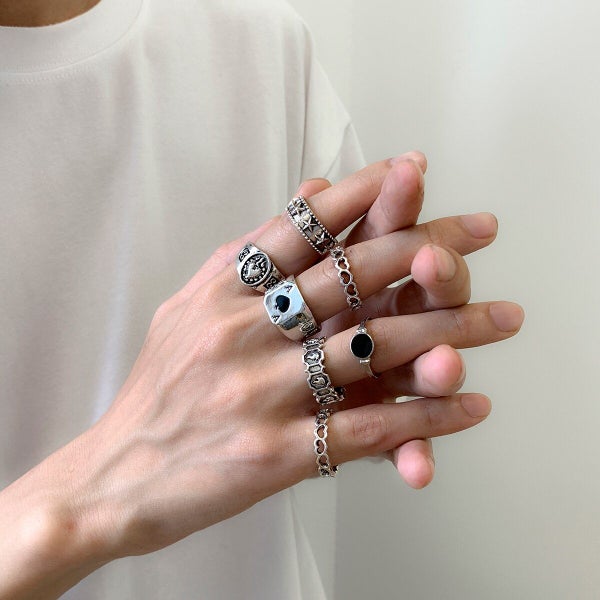 7Pcs/Set Goth Carved Heart Poker Antique Silver Color Rings for Men Carousel 2