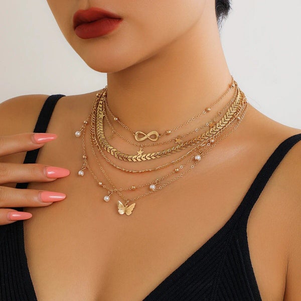 6Pcs/Set Vintage Imitation Pearl Butterfly Pendant Choker Necklace Carousel 2