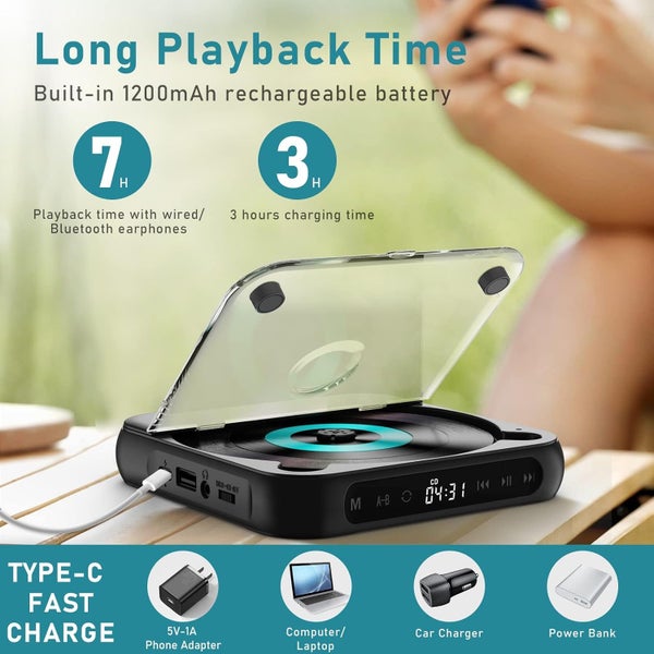 Portable CD Player,Mini Bluetooth CD Player,CD Player with Headphones for Car Carousel 2