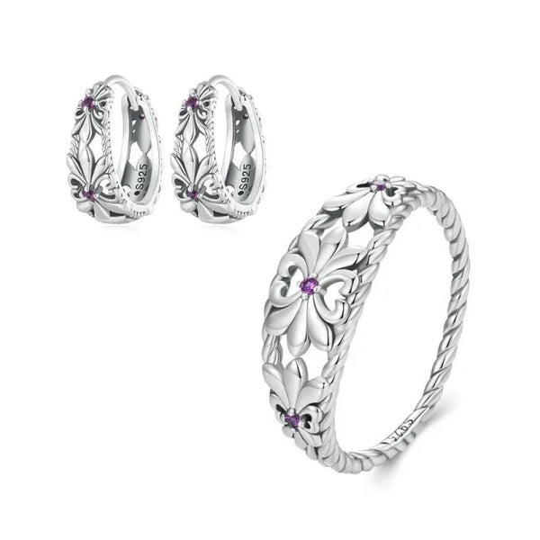 Womens 925 Sterling Silver Retro Iris Ring & Earrings Jewellery Set Fine Jewe... Carousel 2