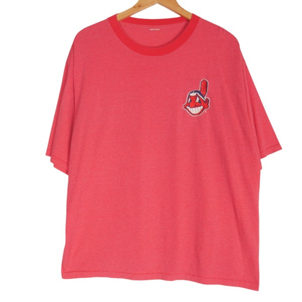 Vintage 90s MLB Cleveland Indians Red Stripe Tee Large Carousel 1