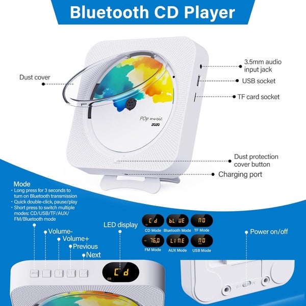 Portable CD Player,Desktop Bluetooth CD Player,Supports CD/FM Radio/USB/AUX Carousel 7