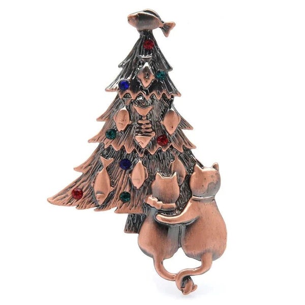 Vintage Christmas Tree Brooch Couple Cats Girls Carousel 2