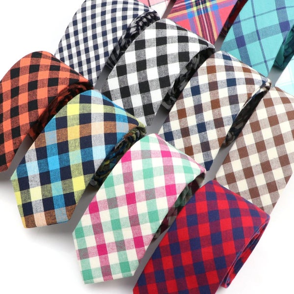 Mens Soft Cotton Striped Plaid Tie Blue Pink Business Wedding Accessory Carousel 2