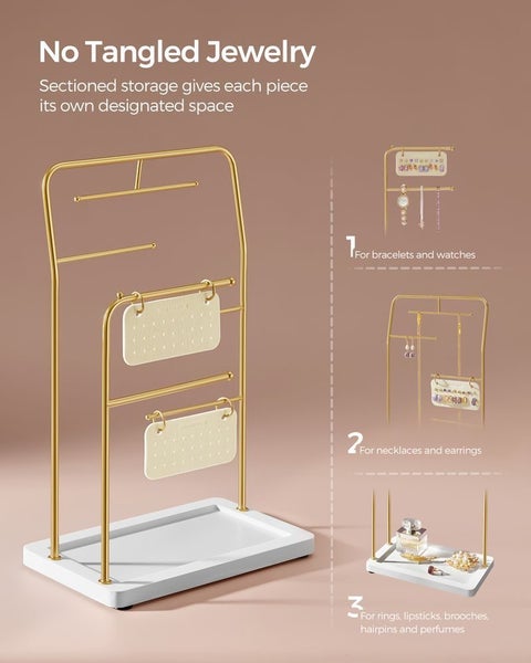 SONGMICS Metal Frame Jewelry Stand with 6 Hanging Rods - Metallic Gold Carousel 5