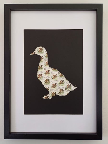 Stamp Art. Duck. Paradise Shelduck. Size A4. Genuine postage stamps. Carousel 1
