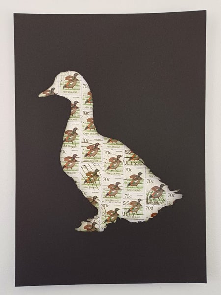 Stamp Art. Duck. Paradise Shelduck. Size A4. Genuine postage stamps. Carousel 2