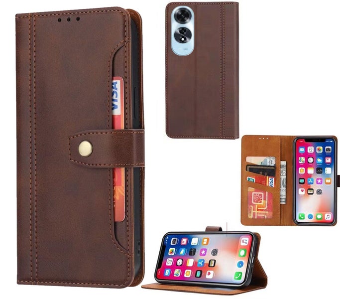 Oppo Reno 13 pro pu leather wallet case front pocket magnetic closure brown Carousel 1