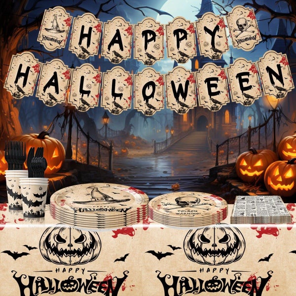 73 PCS Halloween Party Tableware Kit Disposable Paper Plates and Napkins with Pu Carousel 5