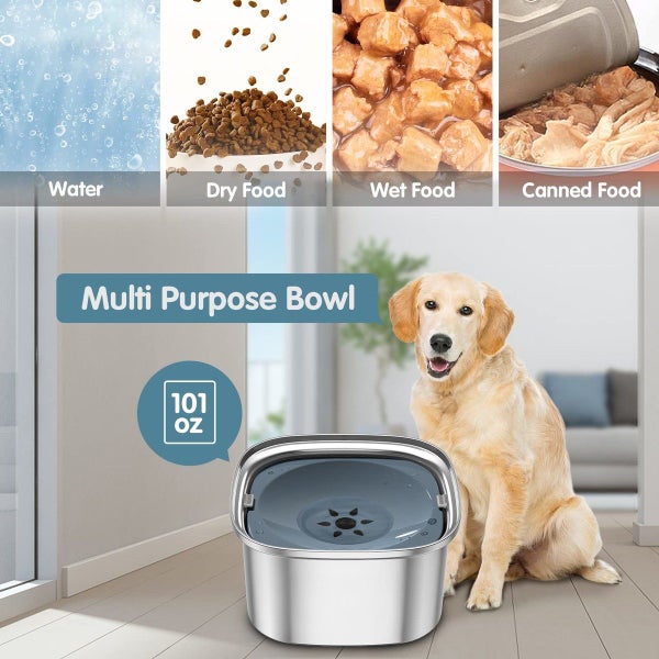 3L Dog Water Bowl 101oz Stainless Steel Dog Bowl No Spill Large Capacity Carousel 16