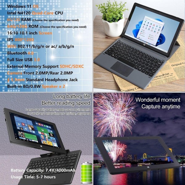 10.1 2 In 1 Tablet Pc 12Gb 128Gb Windows 11 Intel Quad Core Keyboard Carousel 14
