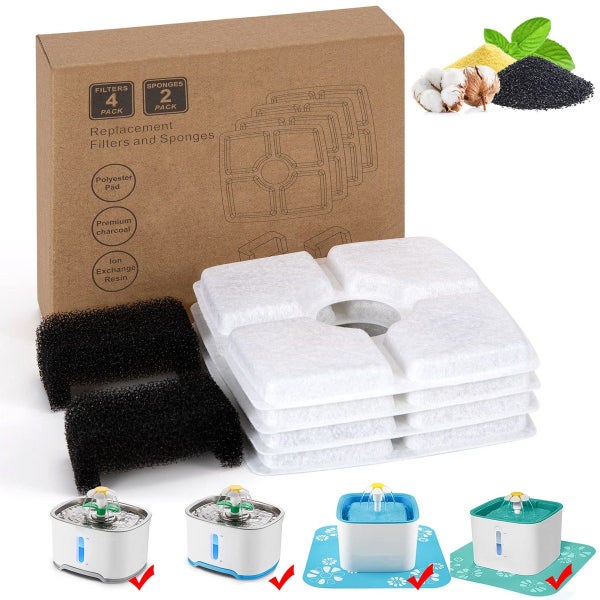 Cat Water Fountain Replacement 2.5L Filters Cotton Activated 4 Filters 2 ponges Carousel 2