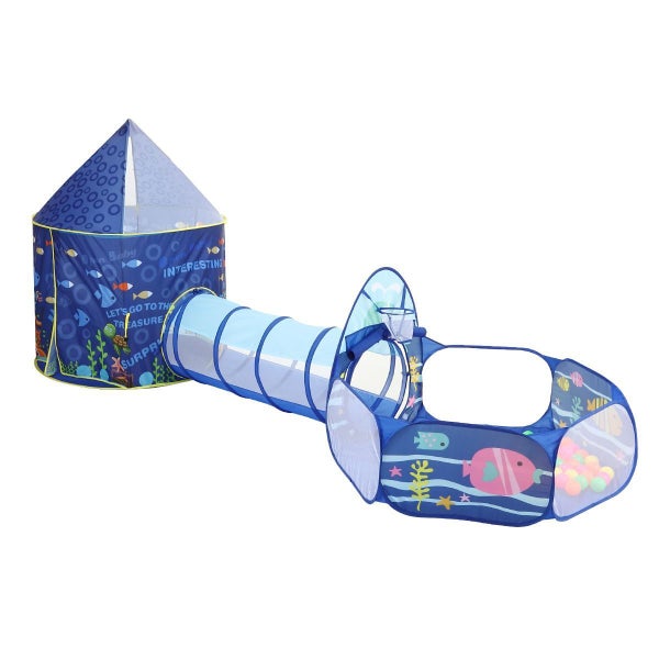 Kids Play Tent House Baby Crawl Tunnel Ball Pit with Basketball Hoop 3-In-1 Carousel 14